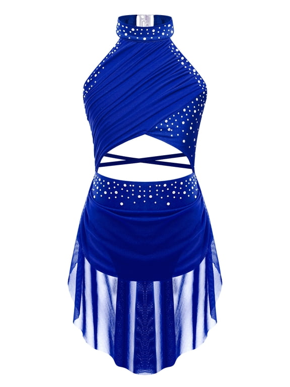 Kids Girls Lyrical Dance Costume Halter Modern Contemporary Dance Dress Blue 14
