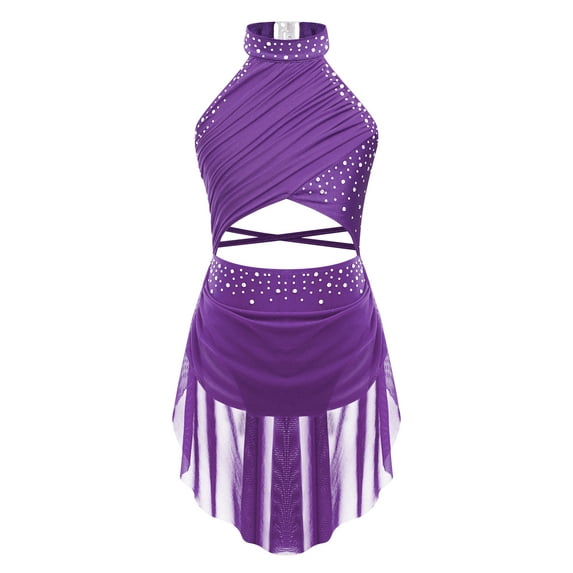 MSemis Kids Girls Lyrical Dance Costume Halter Modern Contemporary Dance Dress Purple 10
