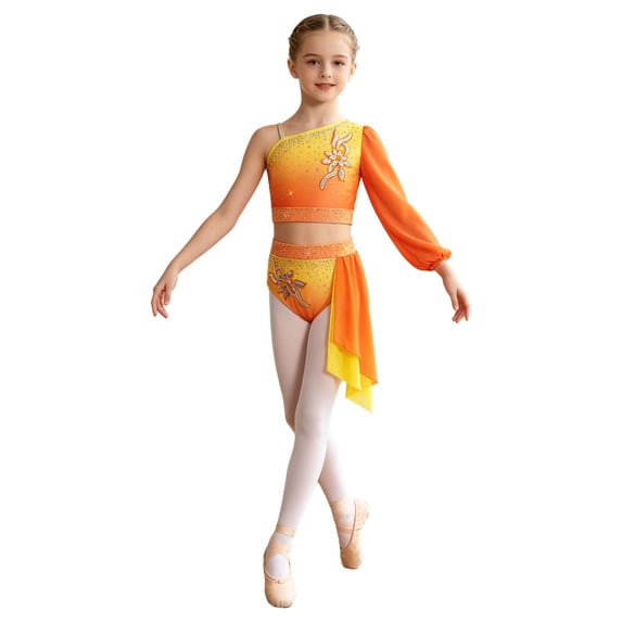 MSemis Kids Girls Lyrical Modern Dance Outfit Shiny Rhinestones Applique Crop Top with Shorts Orange 16