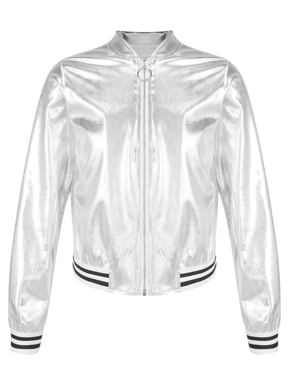 Kids Girls Metallic Bomber Jacket Coat Silver 12
