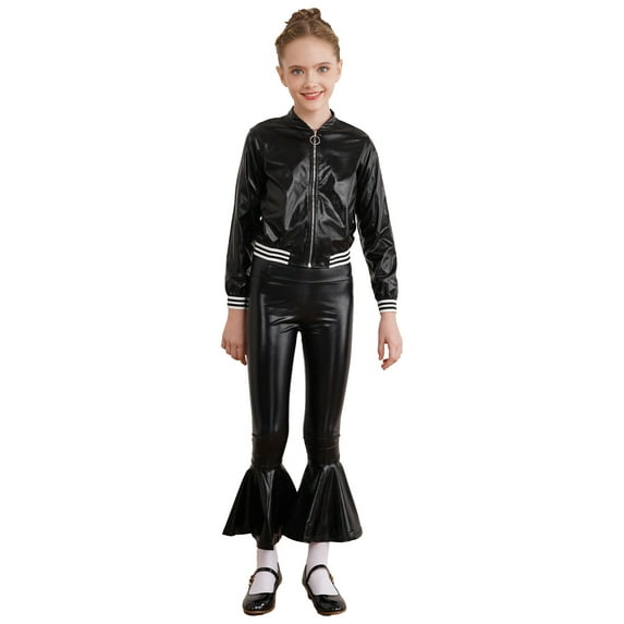 MSemis Kids Girls Metallic Jazz Hip Hop Disco Jacket Coat with Flared Pants Dress Up Black 16
