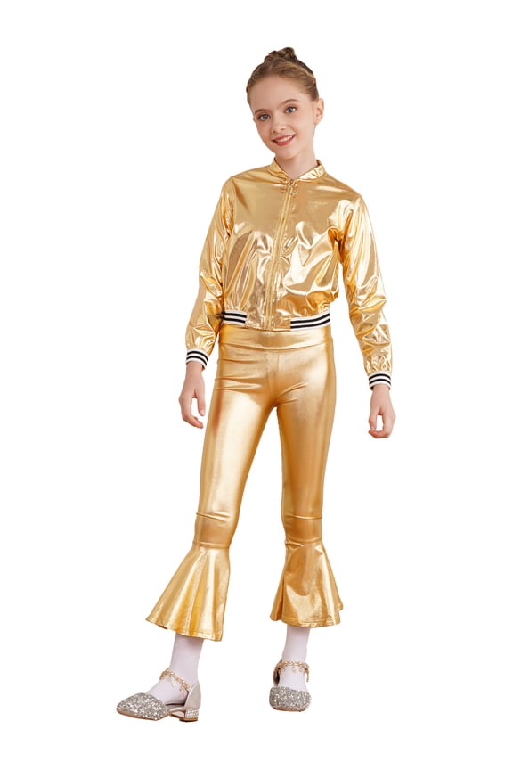 Kids Girls Metallic Jazz Hip Hop Disco Jacket Coat with Flared Pants Dress Up Gold 6