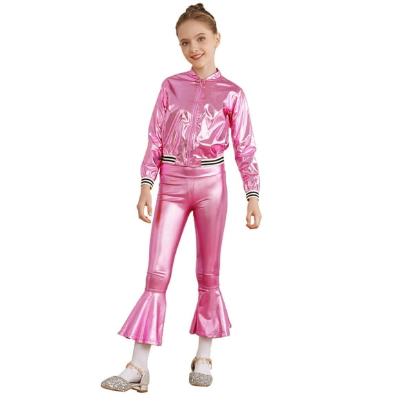 MSemis Kids Girls Metallic Jazz Hip Hop Disco Jacket Coat with Flared Pants Dress Up Pink 8