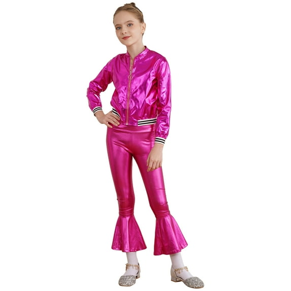 MSemis Kids Girls Metallic Jazz Hip Hop Disco Jacket Coat with Flared Pants Dress Up Rose 14