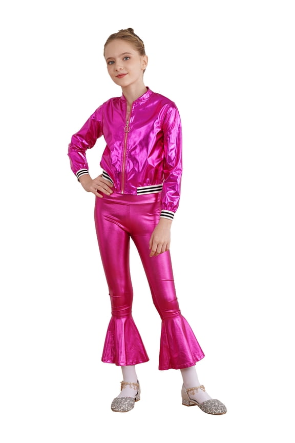 Kids Girls Metallic Jazz Hip Hop Disco Jacket Coat with Flared Pants Dress Up Rose 6