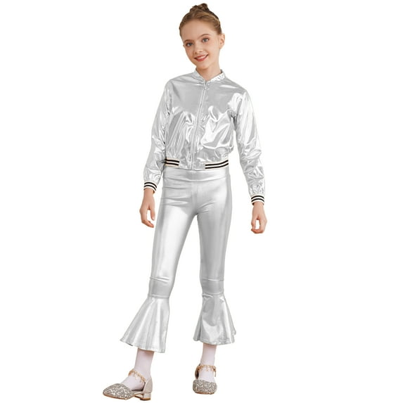 MSemis Kids Girls Metallic Jazz Hip Hop Disco Jacket Coat with Flared Pants Dress Up Silver 8