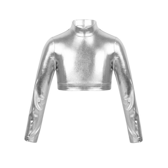 MSemis Kids Girls Metallic Long Sleeve Crop Top Turtleneck Glossy Dance Tops A Silver 12