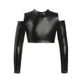 thumbnail image 1 of MSemis Kids Girls Metallic Long Sleeve Off-Shoulder Dance Crop Tops Dancewear Black 14, 1 of 6