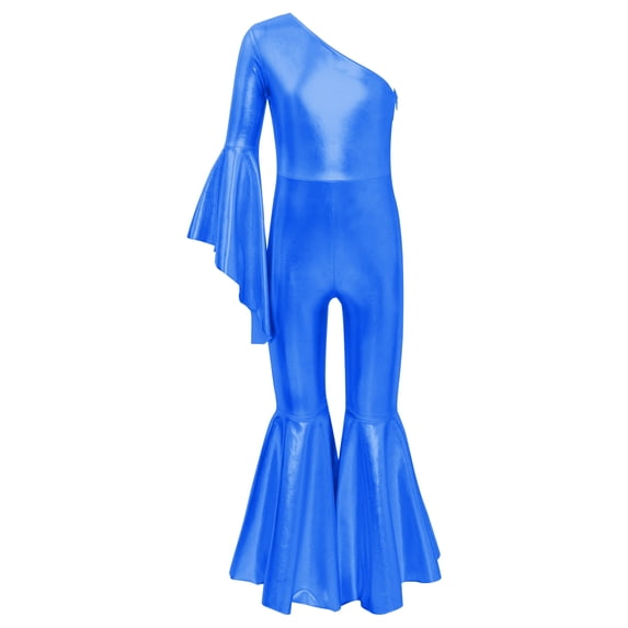 MSemis Kids Girls Metallic One Sleeve Flared Bottom Romper Jumpsuit Dance Costume Royal Blue 16