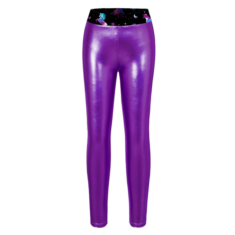 MSemis Kids Girls Metallic Shiny Leggings Hip Hop Street Dance Pants Purple  14 