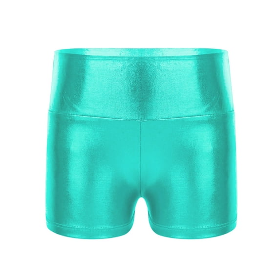 MSemis Kids Girls Metallic Shiny Stretch High Waisted Athletic Booty Dance Shorts Blue Green 10