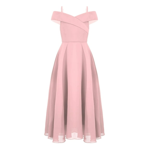 MSemis Kids Girls Off Shoulder Wedding Formal Dresses Spaghetti Strap A-Line Floor Length Dress Pink 6