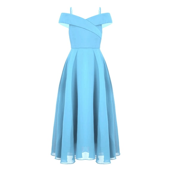 MSemis Kids Girls Off Shoulder Wedding Formal Dresses Spaghetti Strap A-Line Floor Length Dress Sky Blue 10