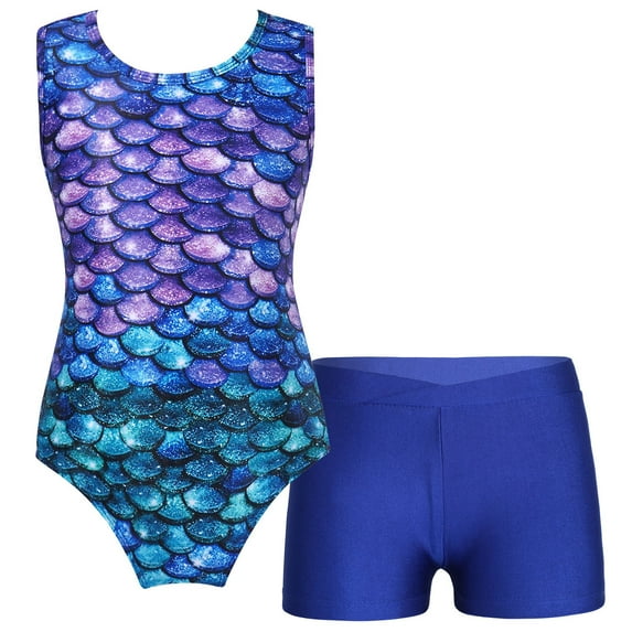 MSemis Kids Girls Printed Ballet Dance Leotard Outfits Gymnastics Workout Biketard Shorty Unitard Colorful Fish Scales 8