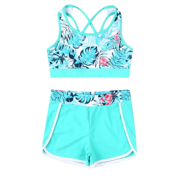 MSemis Kids Girls Printed Swim Outfits Cropped Tops with Shorts Bathing Suit Green Palm Leaf 12