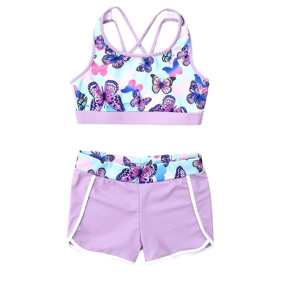 MSemis Kids Girls Printed Swim Outfits Cropped Tops with Shorts Bathing Suit Lavender 12