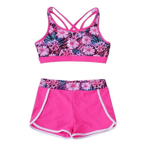 MSemis Kids Girls Printed Swim Outfits Cropped Tops with Shorts Bathing Suit Rose Red 8