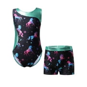 MSemis Kids Girls Printed Swimsuit Outfits Gymnastics Leotard with Shorts Dark Night 6