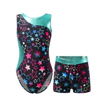 MSemis Kids Girls Printed Swimsuit Outfits Gymnastics Leotard with Shorts Starry Black 6