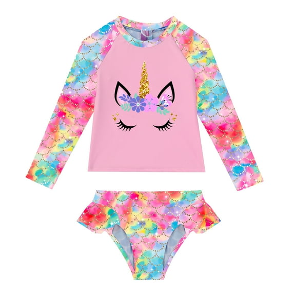 MSemis Kids Girls Rashguard Swimsuit & Swim Bottoms Set with UPF 50+, 2-Piece, Size 4-16 Abstract Fish Scales 10