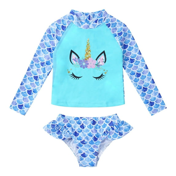MSemis Kids Girls Rashguard Swimsuit & Swim Bottoms Set with UPF 50+, 2-Piece, Size 4-16 Blue Fish Scales 12