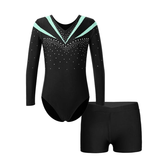 MSemis Kids Girls Rhinestone 2 Piece Outfits Gymnastics Leotard with Shorts Dancewear Light Green 8