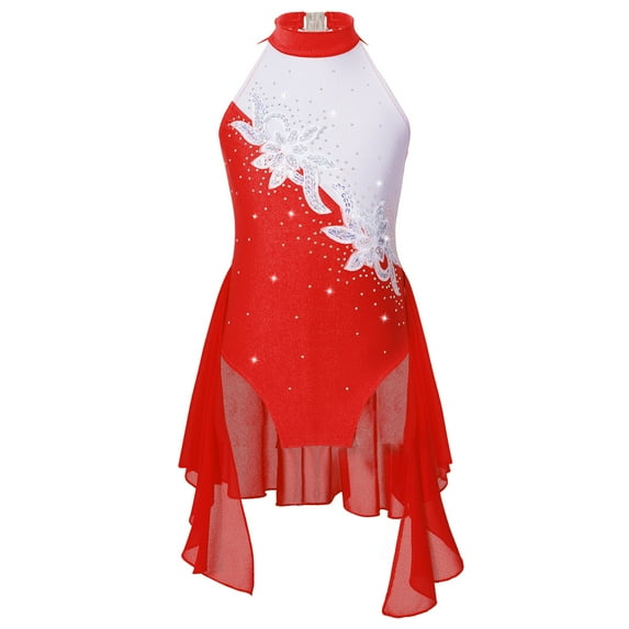 MSemis Kids Girls Rhinestone Figure Skating Dress Ballet Dance Leotard Tutu Skirt Red 8