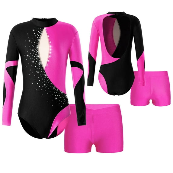 MSemis Kids Girls Rhinestone Long Sleeve Gymnastics Leotard Skating Ballet Dance Outfit Set