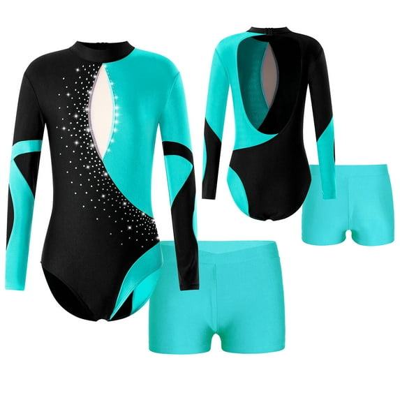 MSemis Kids Girls Rhinestone Long Sleeve Gymnastics Leotard Skating Ballet Dance Outfit Set