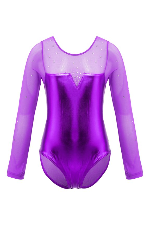 Kids Girls Rhinestone Mesh Splice One Piece Gymnastics Leotard Purple 10
