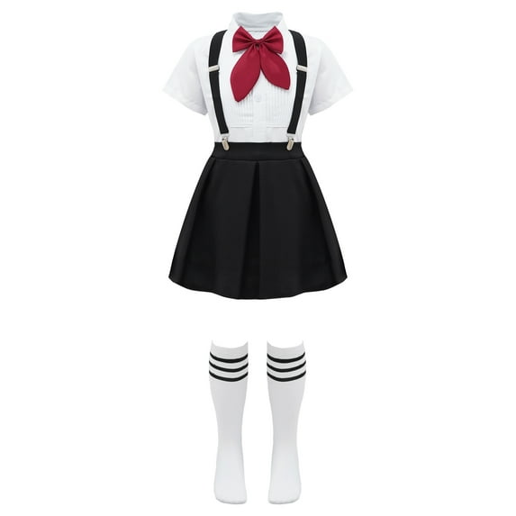 MSemis Kids Girls School Uniform Outfits Shirt Tops with Suspender Skirt and Bow tie Socks Full Set ype B Black 9-10