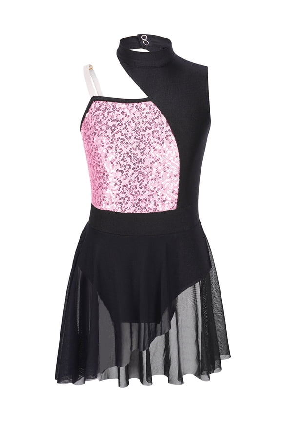 Kids Girls Sequins Contemporary Latin Jazz Dance Costume Lyrical Dance Dress Pink 8