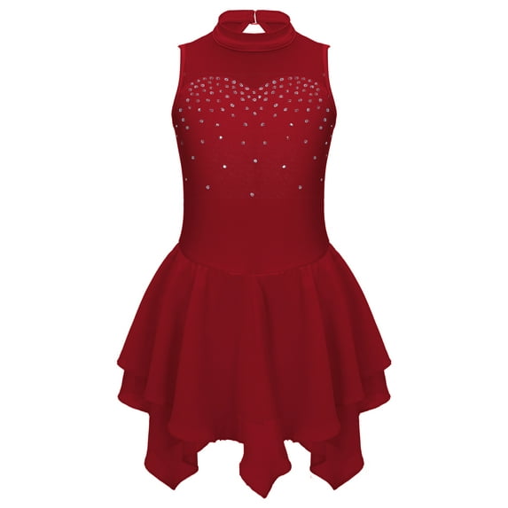 MSemis Kids Girls Sequins Figure Ice Skating Dress Gymnastics Leotard Ballet Dance Dress,Size 6-16 Burgundy 16