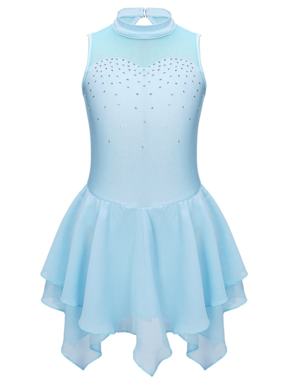 Kids Girls Sequins Figure Ice Skating Dress Gymnastics Leotard Ballet Dance Dress,Size 6-16 Light Blue 8