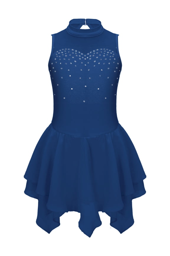 Kids Girls Sequins Figure Ice Skating Dress Gymnastics Leotard Ballet Dance Dress,Size 6-16 Navy Blue 14