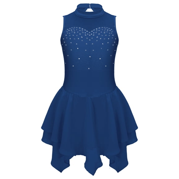 MSemis Kids Girls Sequins Figure Ice Skating Dress Gymnastics Leotard Ballet Dance Dress,Size 6-16 Navy Blue 14