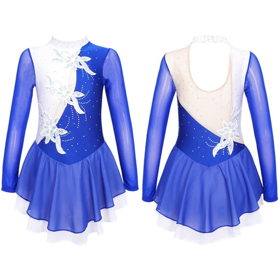 MSemis Kids Girls Sequins Floral Ballet Lyrical Dance Costume Long Sleeve Figure Ice Skating Dresses