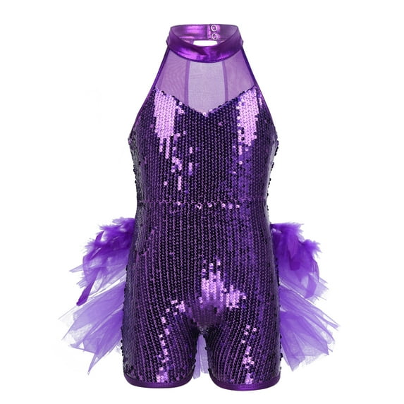 MSemis Kids Girls Sequins Hip-Hop Jazz Ballet Latin Dance Dress Leotard Romper Jumpsuit Purple 10