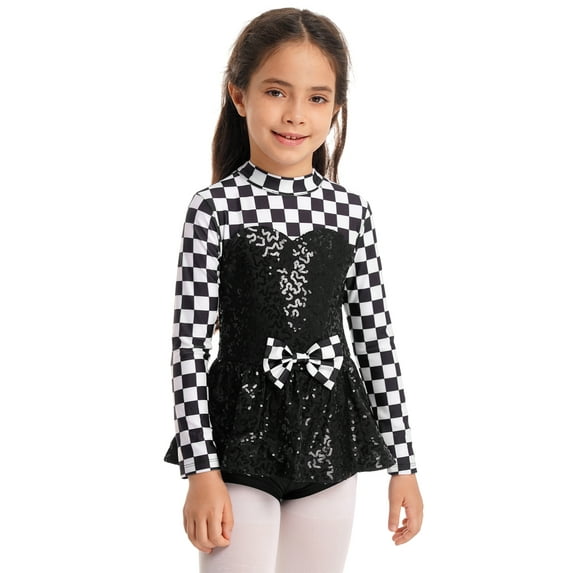 MSemis Kids Girls Sequins Race Car Driver Dance Unitards Biketard Cosplay Romper Dress Black 14