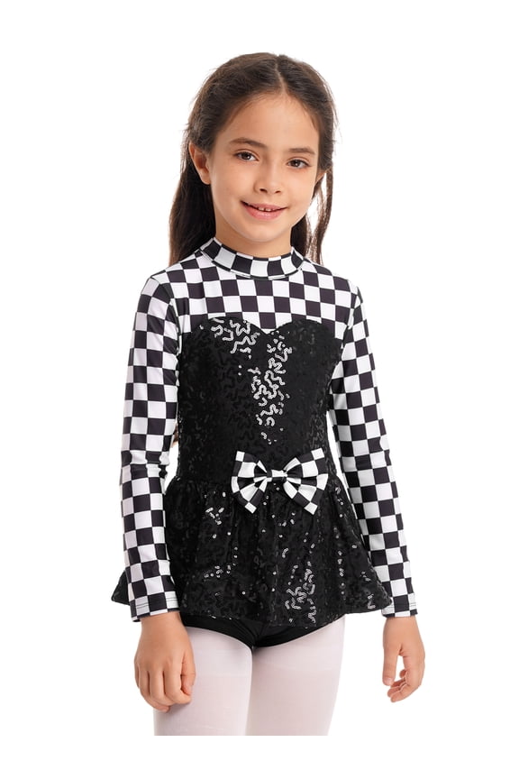 Kids Girls Sequins Race Car Driver Dance Unitards Biketard Cosplay Romper Dress Black 4