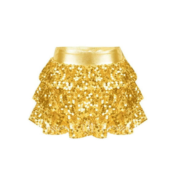 MSemis Kids Girls Sequins Skirted Shorts Tiered Ruffle Culottes Dance Bottoms Gold 12