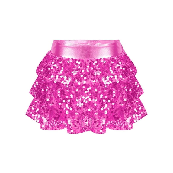 MSemis Kids Girls Sequins Skirted Shorts Tiered Ruffle Culottes Dance Bottoms Hot Pink 8