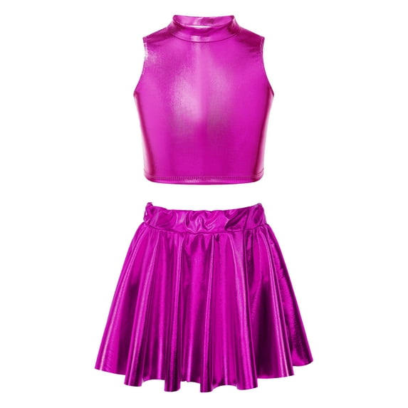 MSemis Kids Girls Shiny Metallic Jazz Dance Hip Hop 2 PCS Outfit Crop Top with Pleated Mini Skirt Rose 12
