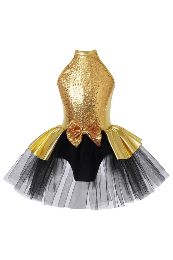 Kids Girls Shiny Sequined Ballet Tutu Dress Dancewear Modern Jazz Latin Dance Costume Gold 8