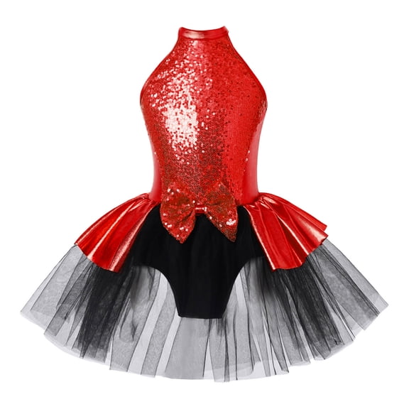 MSemis Kids Girls Shiny Sequined Ballet Tutu Dress Dancewear Modern Jazz Latin Dance Costume Red 8