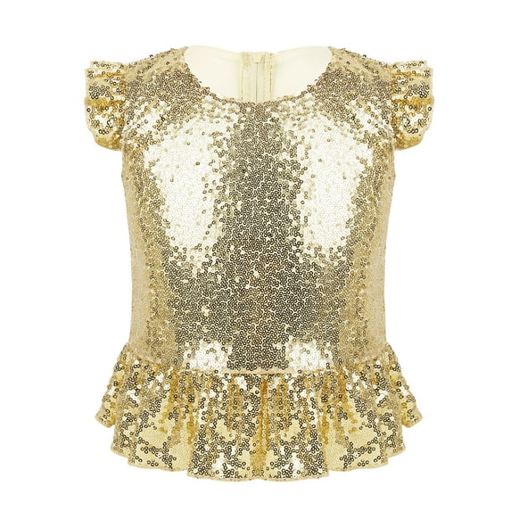 MSemis Kids Girls Shiny Sequined Crop Top Tee Shirts Jazz Hip-hop Fancy Up Gold 4