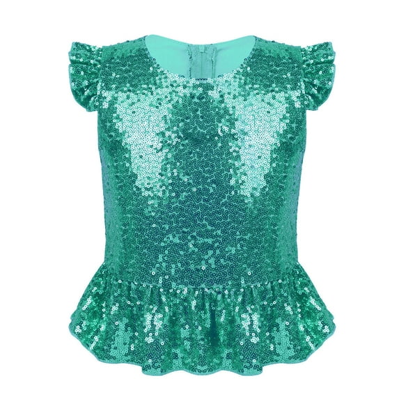 MSemis Kids Girls Shiny Sequined Crop Top Tee Shirts Jazz Hip-hop Fancy Up Lake Green 16
