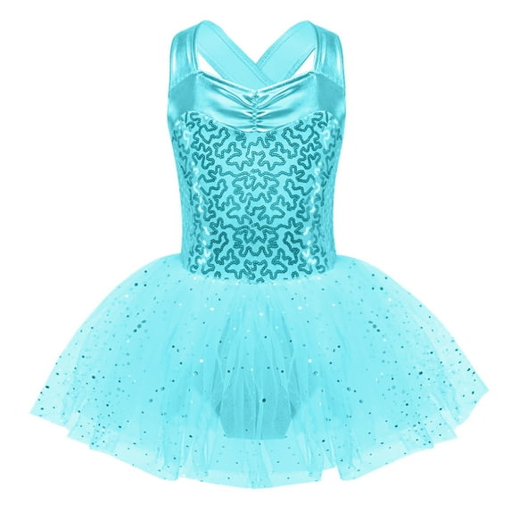 MSemis Kids Girls Shiny Sequins Ballet Dance Dress Sleeveless Criss Cross Back Leotard Tutu Skirt