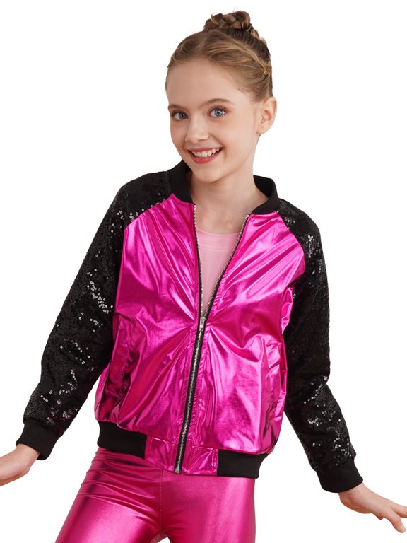 Kids Girls Shiny Sequins Bomber Jacket Zipper Coat Hot Pink 10