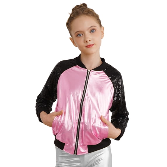 MSemis Kids Girls Shiny Sequins Bomber Jacket Zipper Coat Pink 16